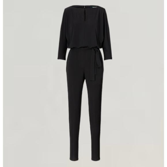 Lauren Ralph Lauren Jumpsuit Black Belted Medium Stretch Knit Long Sleeve NWT - Picture 2 of 13